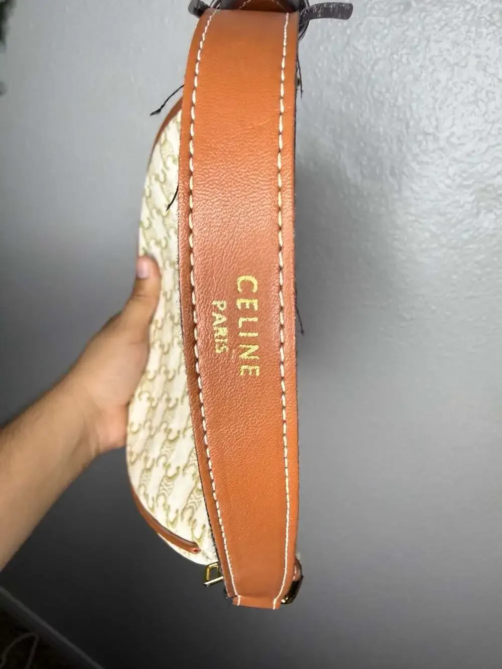 Celine Ava Triomphe Shoulder Bag White Coated Canvas with Tan Leather Trim